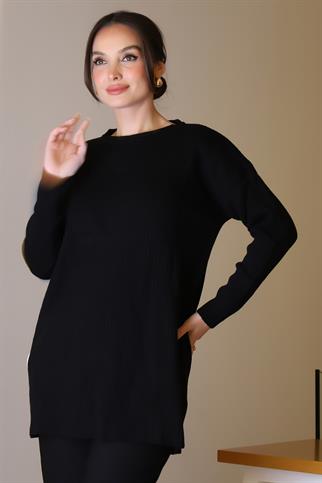SIFIR YAKA UZUN KOLLU SİYAH KADIN TUNİK 6152-2K5