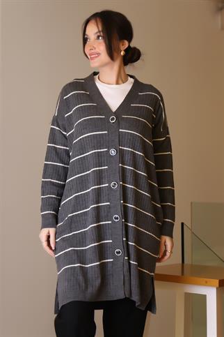 ANTRASİT  ÇİZGİLİ UZUN KADIN TRİKO HIRKA 6165-2K5