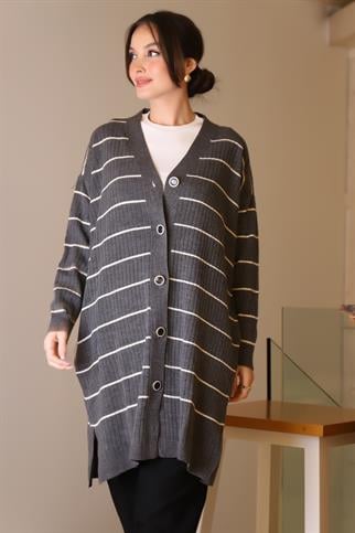 ANTRASİT  ÇİZGİLİ UZUN KADIN TRİKO HIRKA 6165-2K5