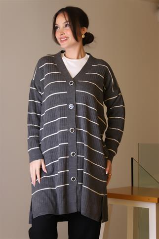 ANTRASİT  ÇİZGİLİ UZUN KADIN TRİKO HIRKA 6165-2K5