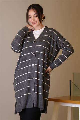 ANTRASİT  ÇİZGİLİ UZUN KADIN TRİKO HIRKA 6165-2K5