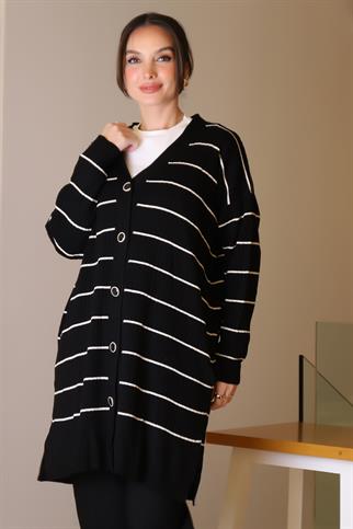 SİYAH ÇİZGİLİ UZUN KADIN TRİKO HIRKA 6165-2K5