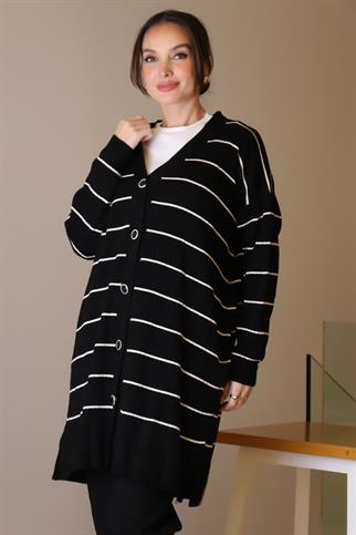 SİYAH ÇİZGİLİ UZUN KADIN TRİKO HIRKA 6165-2K5