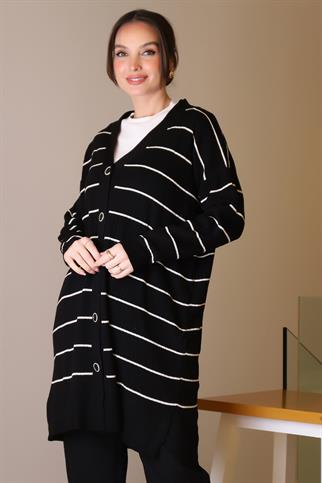 SİYAH ÇİZGİLİ UZUN KADIN TRİKO HIRKA 6165-2K5