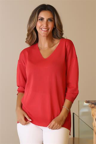 V YAKA YARIM KOLLU KIRMIZI  KADIN TRİKO 158-2Y5