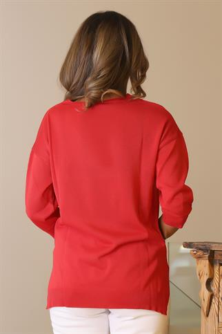 V YAKA YARIM KOLLU KIRMIZI  KADIN TRİKO 158-2Y5