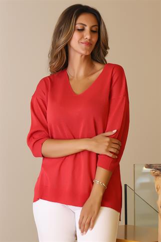 V YAKA YARIM KOLLU KIRMIZI  KADIN TRİKO 158-2Y5