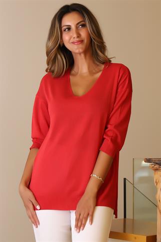 V YAKA YARIM KOLLU KIRMIZI  KADIN TRİKO 158-2Y5