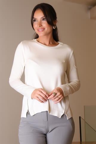 FERMUAR DETAYLI EKRU KADIN TRİKO KAZAK 296-2K5