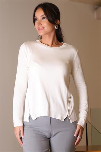 FERMUAR DETAYLI EKRU KADIN TRİKO KAZAK 296-2K5