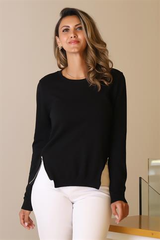 KENARLARI YIRTMAÇLI UZUN KOLLU SİYAH KADIN TRİKO BLUZ  296-2Y5