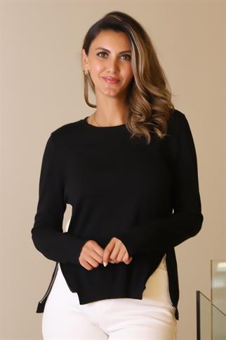 KENARLARI YIRTMAÇLI UZUN KOLLU SİYAH KADIN TRİKO BLUZ  296-2Y5