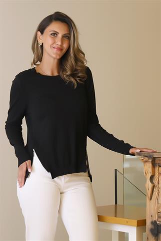 KENARLARI YIRTMAÇLI UZUN KOLLU SİYAH KADIN TRİKO BLUZ  296-2Y5