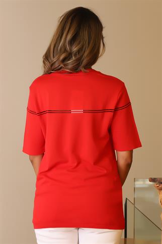 KISA KOLLU SIFIR YAKA KIRMIZI  KADIN TRİKO BLUZ 305-2Y5