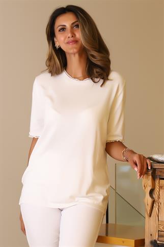 KISA KOLLU KOLLARI FIRFIRLI EKRU KADIN TRİKO BLUZ 307-2Y5