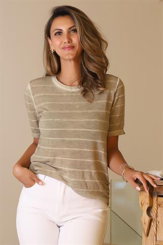 KISA KOLLU ÇİZGİLİ HAKİ KADIN TRİKO BLUZ 325-2Y5