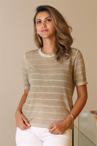KISA KOLLU ÇİZGİLİ HAKİ KADIN TRİKO BLUZ 325-2Y5