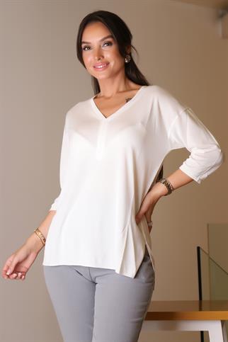 V YAKA YARIM KOLLU EKRU KADIN TRİKO 705-2K5