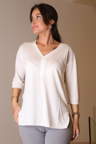 V YAKA YARIM KOLLU EKRU KADIN TRİKO 705-2K5