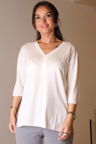 V YAKA YARIM KOLLU EKRU KADIN TRİKO 705-2K5