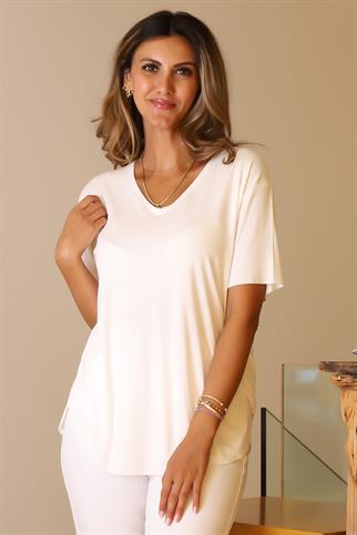 V YAKA KISA KOLLU EKRU KADIN BLUZ  732-2Y5 