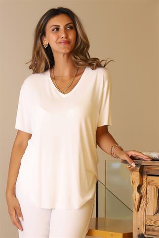 V YAKA KISA KOLLU EKRU KADIN BLUZ  732-2Y5 