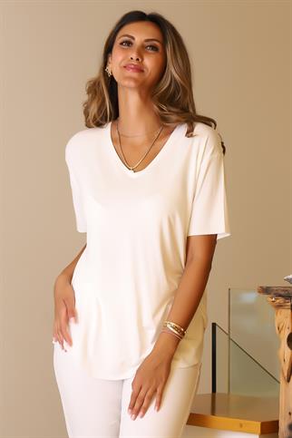 V YAKA KISA KOLLU EKRU KADIN BLUZ  732-2Y5 