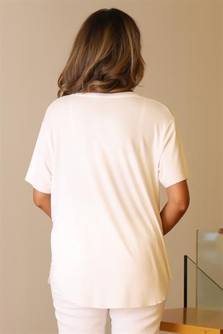 V YAKA KISA KOLLU EKRU KADIN BLUZ  732-2Y5 