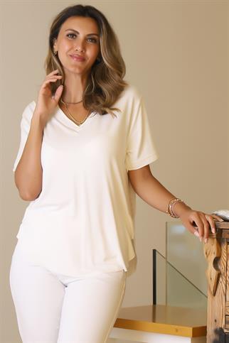 BASIC KISA KOLLU EKRU KADIN  BLUZ    734-2Y5