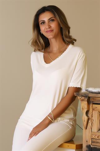 V YAKA FIRFIR DETAYLI EKRU KADIN TRİKO BLUZ  735-2Y5