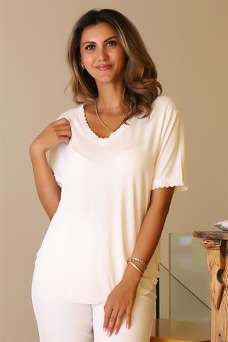 V YAKA FIRFIR DETAYLI EKRU KADIN TRİKO BLUZ  735-2Y5