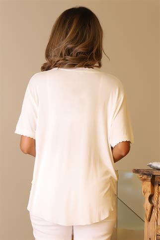 V YAKA FIRFIR DETAYLI EKRU KADIN TRİKO BLUZ  735-2Y5