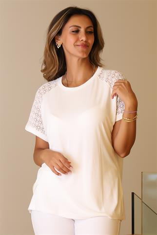 SIFIR YAKA OMUZLARI DANTEL İŞLEMELİ EKRU KADIN BLUZ  737-2Y5