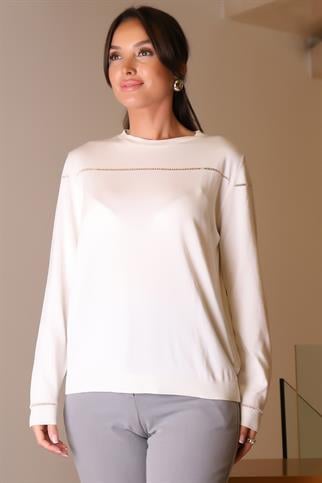 SIFIR YAKA UZUN KOLLU EKRU KADIN TRİKO KAZAK 830-2K5