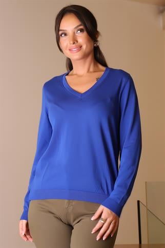 V YAKA UZUN KOLLU EKRU KADIN TRİKO KAZAK 832-2K5