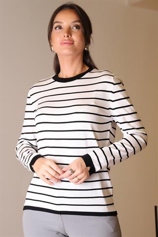 BİSİKLET YAKA ÇİZGİLİ EKRU KADIN KAZAK  845-2K4