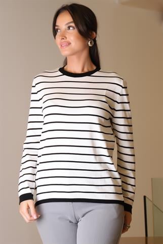 BİSİKLET YAKA ÇİZGİLİ EKRU KADIN KAZAK  845-2K4