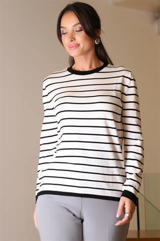 BİSİKLET YAKA ÇİZGİLİ EKRU KADIN KAZAK  845-2K4