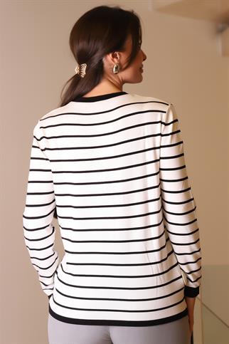 BİSİKLET YAKA ÇİZGİLİ EKRU KADIN KAZAK  845-2K4