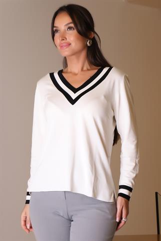 V YAKA YAKASI ÇİZGİLİ EKRU KADIN KAZAK 903 A-2K5