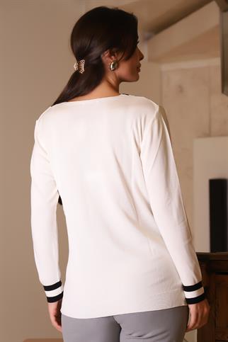 V YAKA YAKASI ÇİZGİLİ EKRU KADIN KAZAK 903 A-2K5