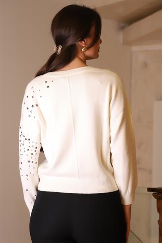 V YAKA YILDIZ BASKILI EKRU KADIN KAZAK 002-2K5