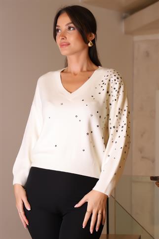 V YAKA YILDIZ BASKILI EKRU KADIN KAZAK 002-2K5