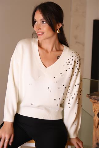 V YAKA YILDIZ BASKILI EKRU KADIN KAZAK 002-2K5