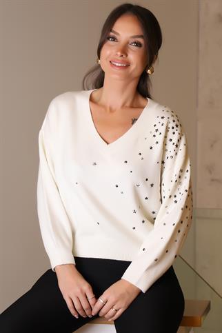 V YAKA YILDIZ BASKILI EKRU KADIN KAZAK 002-2K5