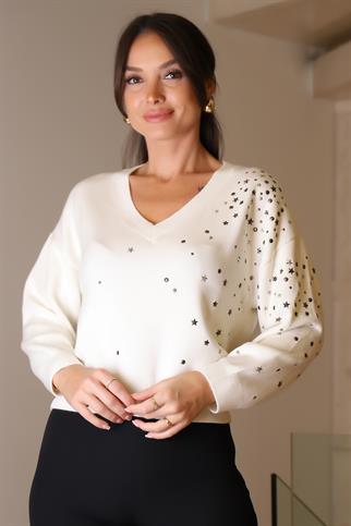 V YAKA YILDIZ BASKILI EKRU KADIN KAZAK 002-2K5