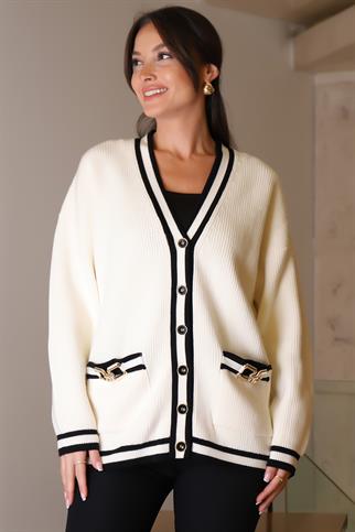 DÜĞMELİ CEP DETAYLI EKRU KADIN HIRKA 013-2K5