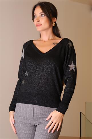 V YAKA SİMLİ SİYAH KADIN KAZAK 020-2K5