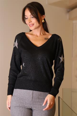 V YAKA SİMLİ SİYAH KADIN KAZAK 020-2K5