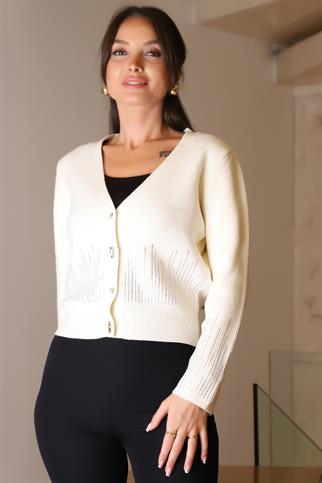 KOLLARI TAŞLI EKRU TRİKO KADIN HIRKA 022-2K5